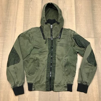 G Star Raw Bomber Jacket Mens Size S Green Submarine HDD Military Hooded Patches