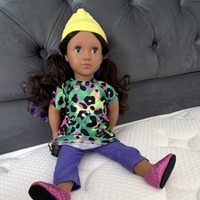Our Generation 18" Play Doll Medium Dark Wavy Hair Outfit Hat Dress Pants Shoes