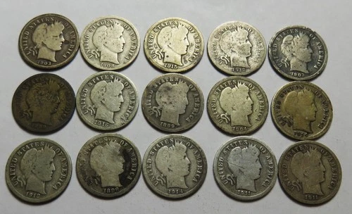 Barber dimes__15-coin silver lot__all different dates