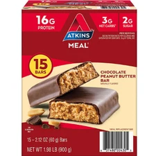 Atkins Chocolate Peanut Butter Meal Bars High Fiber 16g of Protein 15 ct