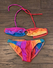 Vintage Pelican Kids Girl's Bikini Rainbow Color Black Two Piece Swim 80's Small