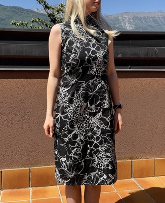 Miu Miu Vintage Baumwollkleid mit Blumen - schwarz-weiß Qipao Style - Größe IT 42