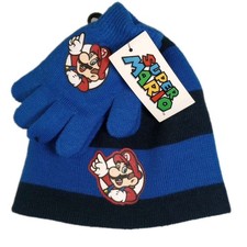 Super Marios Beanie Blue Winter Hat Gloves Set- New- Nintendo Youth