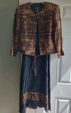 Positive Attitude 2 Linen Dress Set Jacket Sz 12 Brown Black Belt Shoulder Pad