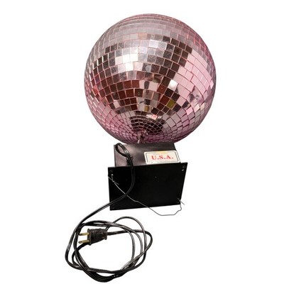 Vintage Pink Mirror 12'' Disco Ball with Rotating Motor Base Made USA Retro Party