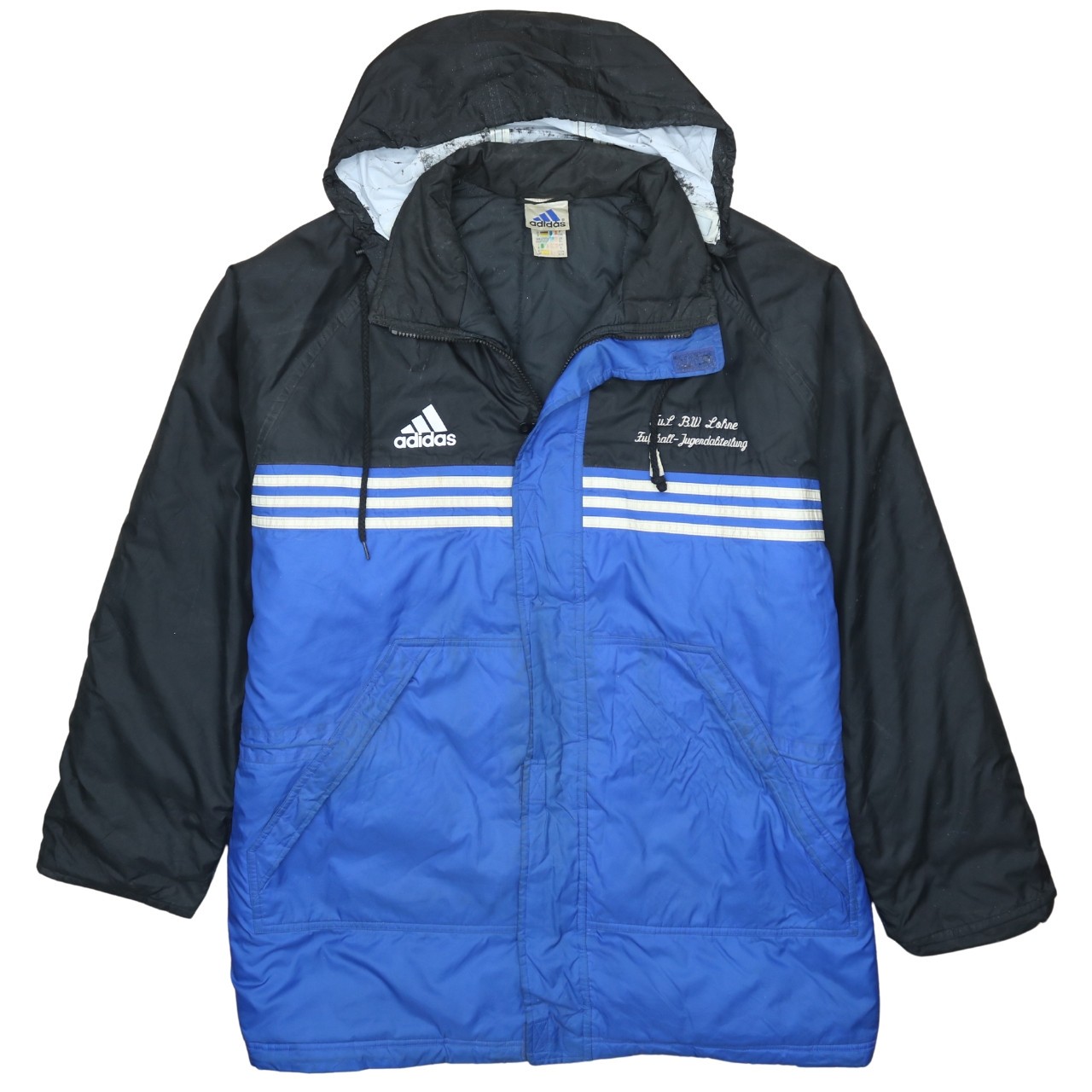 Adidas Mens Windbreaker Jacket Blue Black Hooded Full Zip Pockets Striped XL