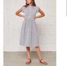 Christy Dawn Piper Midi Dress Stripe Half Button Cap Sleeve Preppy Casual Size S