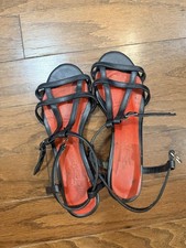 Women's Black Strappy Ankle Strap Buckle Open Toe Solid Block Heel Sandals