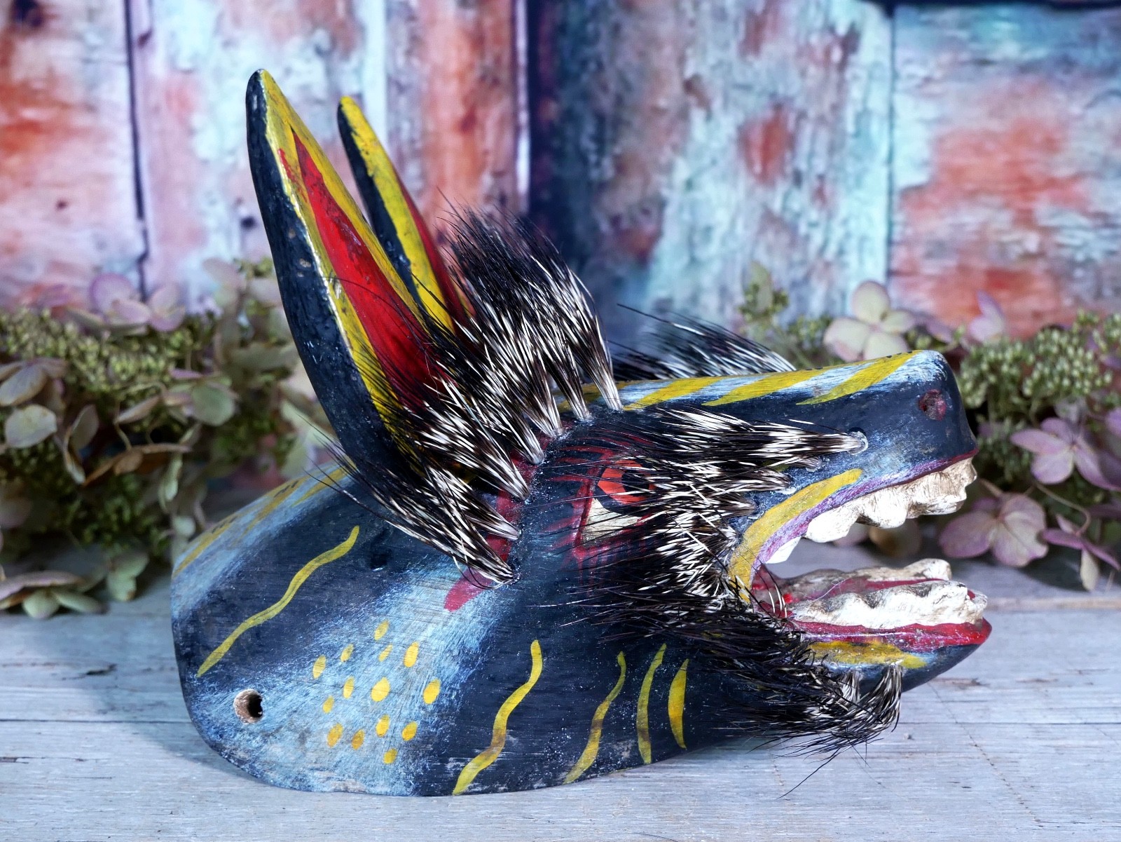 Coyote Mask Desert Wood & Boar Hair Whiskers Handmade Guerrero Mexican Folk Art