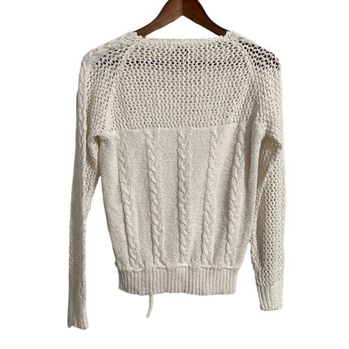 Vintage Womens White Cable Knit Open Knit Tie Waist Cottagecore Sweater Medium - Picture 5 of 5