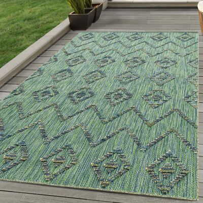 In- & Outdoor Teppich Terrasse Balkon Küchenteppich Boho Ethno Muster Grün