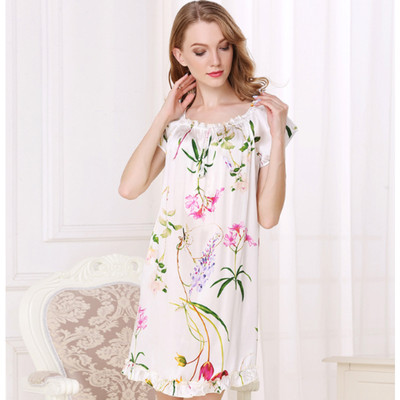 Women's 100% Silk Nightgown Loose Dress Sleepwear Short Sleeve Floral Printed