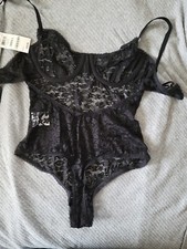 INC Sheer Lace Cup Lingerie Bodysuit Black, Size Small