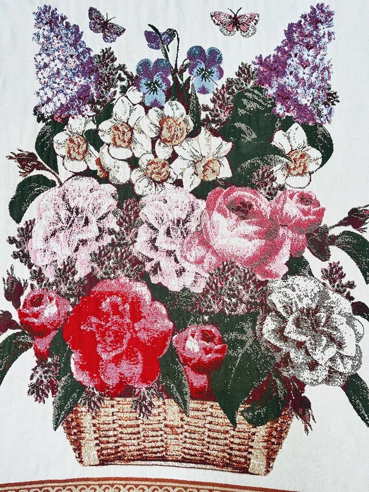 Vintage FRENCH WALL TAPESTRY FLOWER BASKET 50" x 69" Vibrant Colors Butterflies - Image 3 of 4