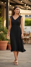VTG Laura Ashley Women's Elegant Black Midi Sleeveless Empire Dress UK 14 Summer
