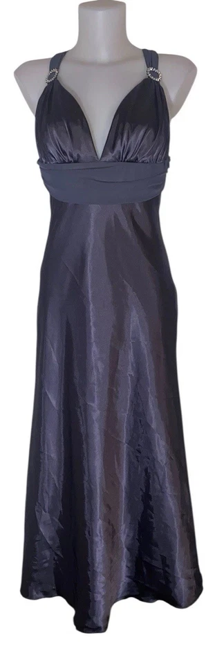 Vtg 90s Betsy & Adam Sz S Womens Gray Satin Open Back Whimsigoth Vampy Dress - Image 3 of 4