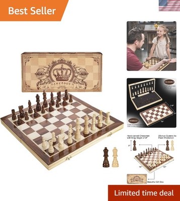 Magnetic Wooden Chess Set with 2 Extra Queens - 15'' Folding Board for Kids