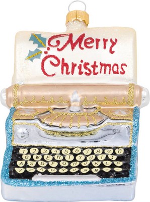 Greengate Ornament Glass Typewriter Merry Xmas Pale Blue ca. 8 c Farbe pale blue