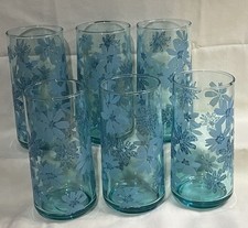 Reto Libbey Glass Tumbler Set 6 Embossed Flower Power Misty Blue Daisy 12oz
