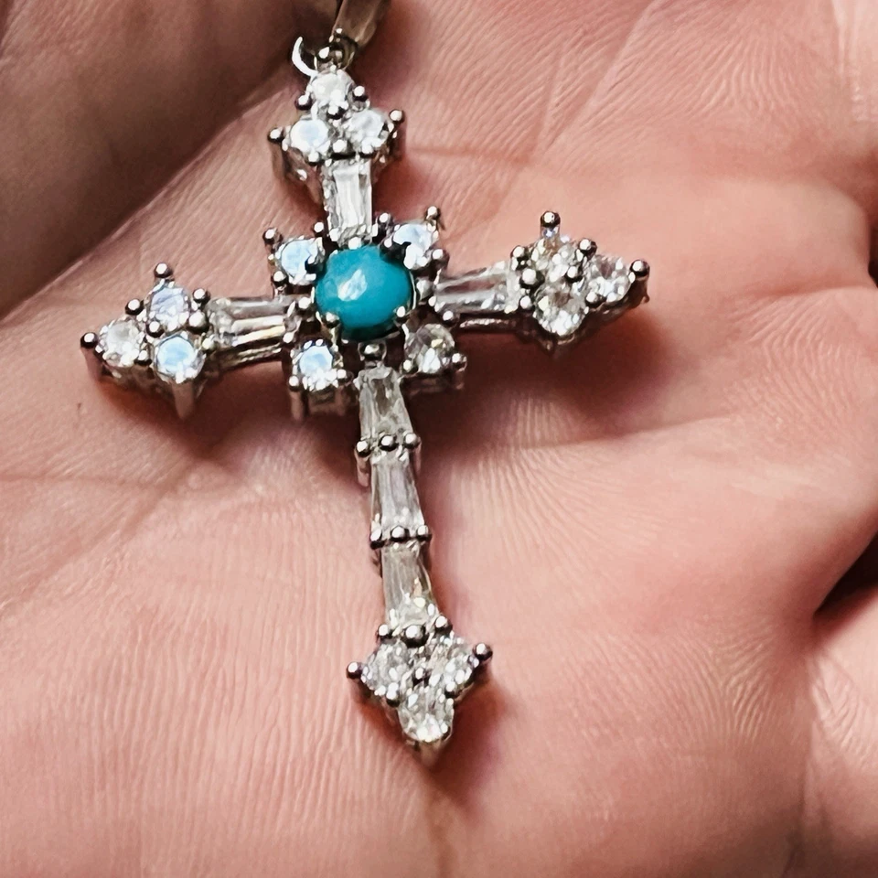 Handmade Turquoise Pendant Necklace 925sterling Silver Cross Deco Diamond Halo - Image 3 of 4