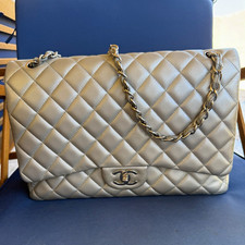 CHANEL Double Flap Grey Quilted Jumbo Shoulder Bag Chain Strap Silver Hardware