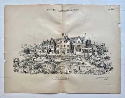 Antique 1893 House Drawing Print American Architect Building News Boston USA