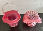 2 SMALL VINTAGE FENTON CRANBERRY OPALESCENT RUFFLED VASE & SPIRAL OPTIC BASKET