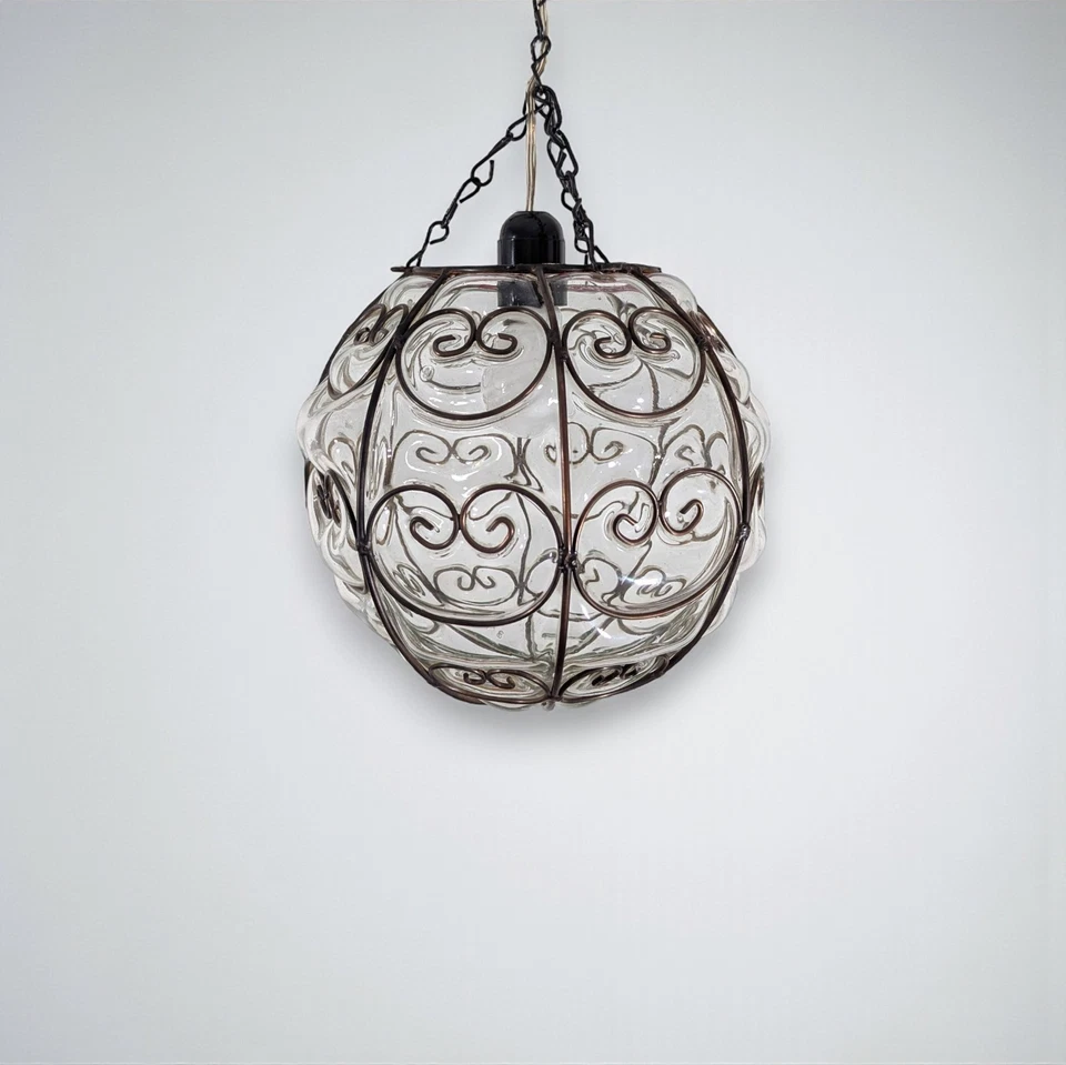 B99 Mouth-Blown Clear Glass Ball Pendant with Wrought-Iron Frame Hanging Lamp - Image 3 of 3