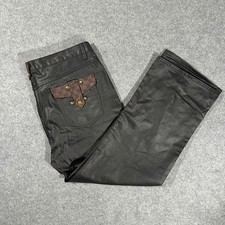 Y2K Brooklyn Basement Jeans Black Denim Wide Leg Baggy Pants Leather Mens 44x32