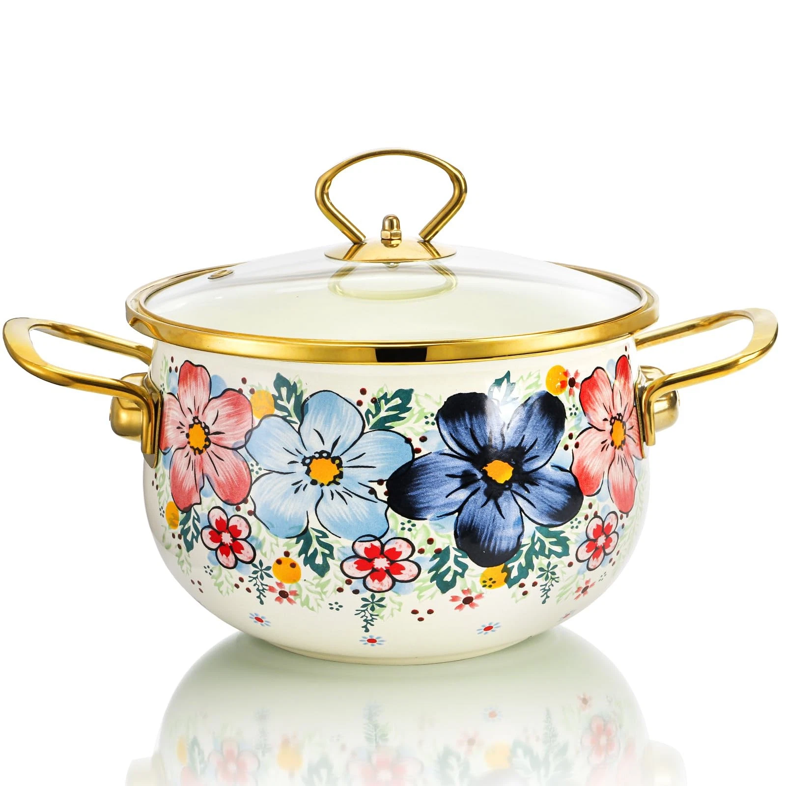 3 Quart Enamel Cooking Pot with Glass Lid, Non-Stick Soup Pot with Handle, Vi...