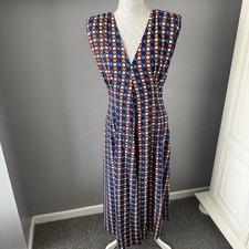 Next Geometric V-Neck Dress Blue Orange White Retro Print with Pockets Size 12