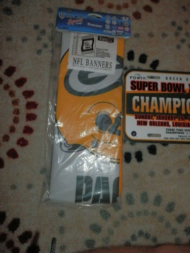Green Bay Packers License plate & flag/banner Lot VTG NEW NFL Super Bowl XXXI - Picture 3 of 5
