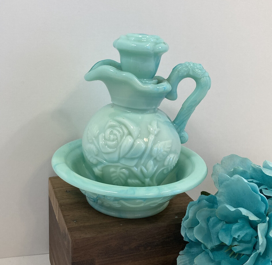 Vintage Avon Teal Colored Milk Glass Rose Pitcher Perfume Bath