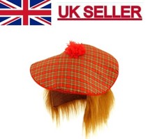 Scottish Tartan Hat with Ginger Hair - Fancy Dress Wig Hat Halloween Stag Night.
