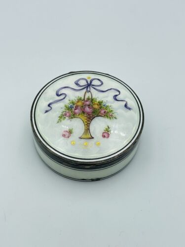 Antique Sterling Silver White Enamel Guilloche Flower Basket Round Box - Picture 1 of 10