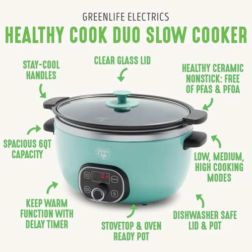 Health-Conscious 6QT Slow Cooker - PFAS-Free with Digital Timer & Glass Lid - Picture 5 of 12