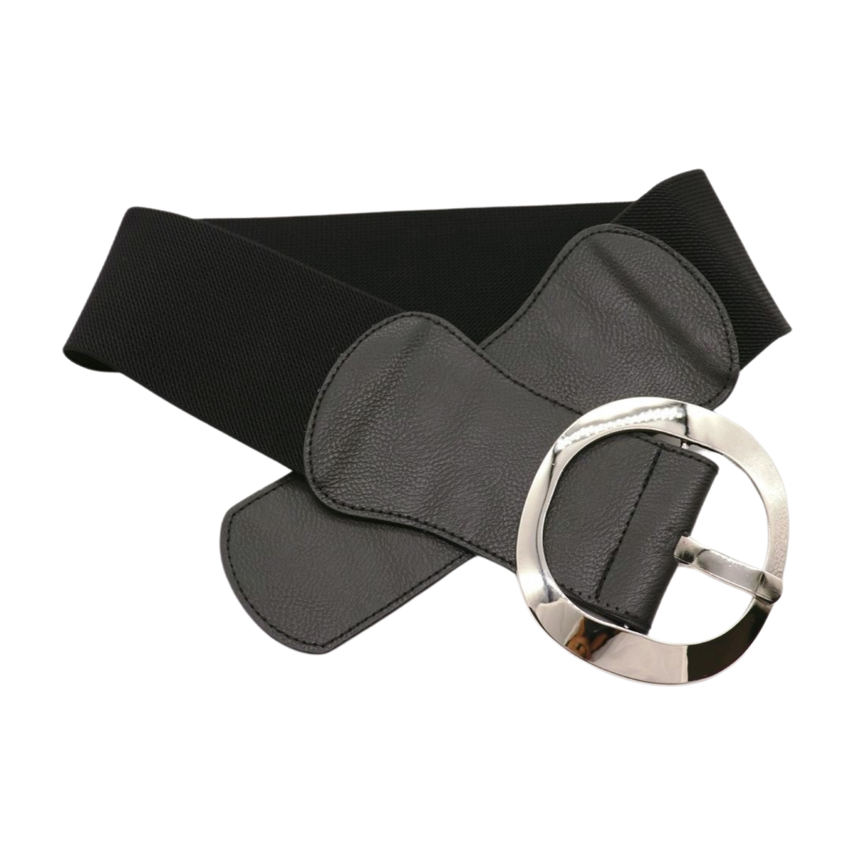 New Women Black Wide Elastic Waistband Belt Big Silver Round  display picture 3