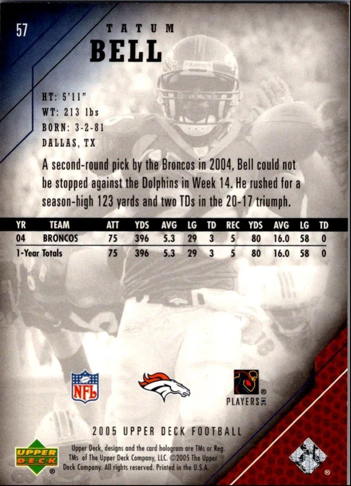 2005 Upper Deck Tatum Bell Denver Broncos #57 - Image 2 of 2
