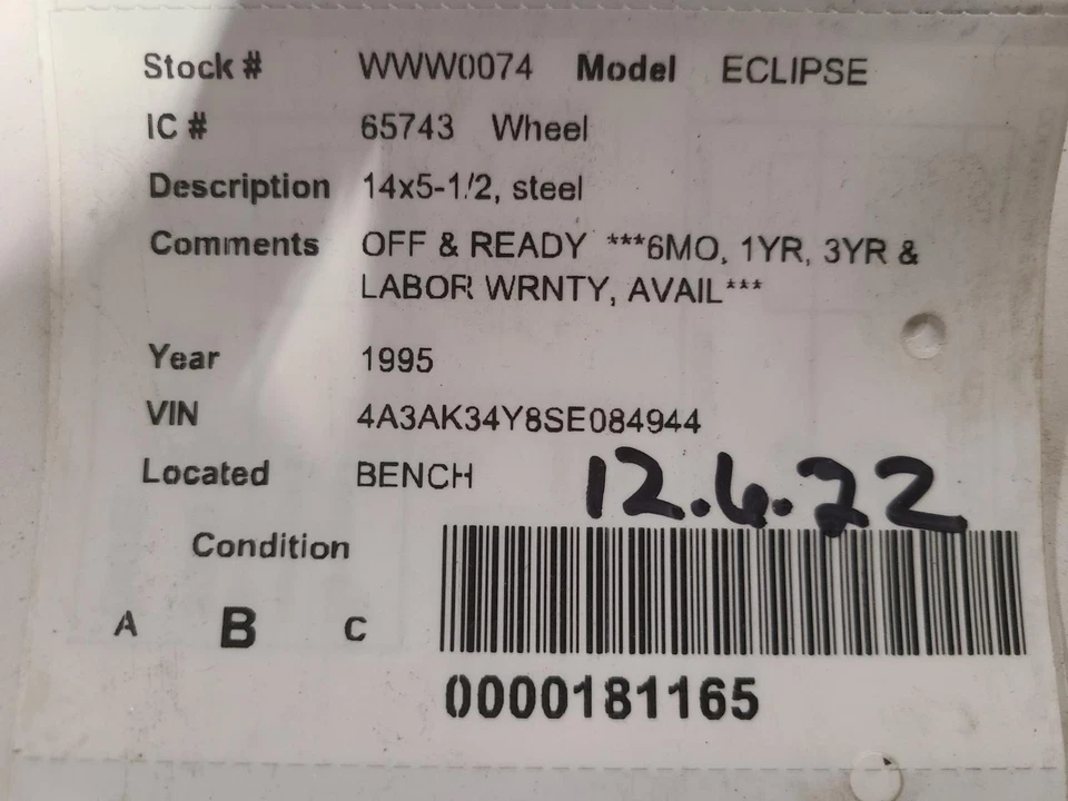 Used Wheel fits: 1995 Mitsubishi Eclipse 14x5-1/2 Grade B - Image 2 of 3