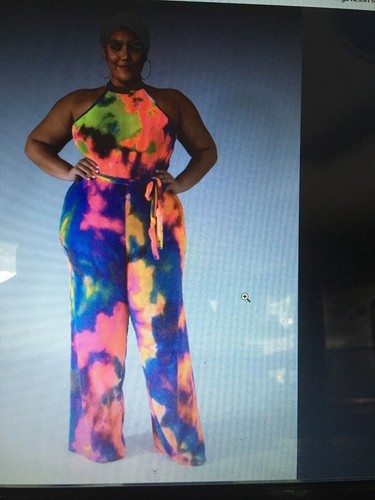 Plus Size Sparkle Tie Dye Mock Neck Nylon Jumpsuit w/Belt. Plus Size 2XL. - Picture 3 of 4