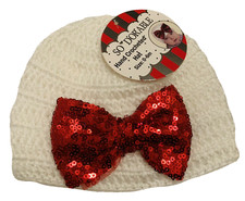 So Dorable Hand Crocheted Baby Hat Size 0-6 Month - White with Red Bow