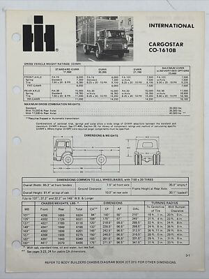 1975 INTERNATIONAL HARVESTER TRUCKS CARGOSTAR MODEL CO-1610B Dimensions Weights