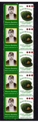 AUSTRALIAN TEST CRICKET CAPTAIN STRIP OF 10 MINT VIGNETTE STAMPS, BARDSLEY 1