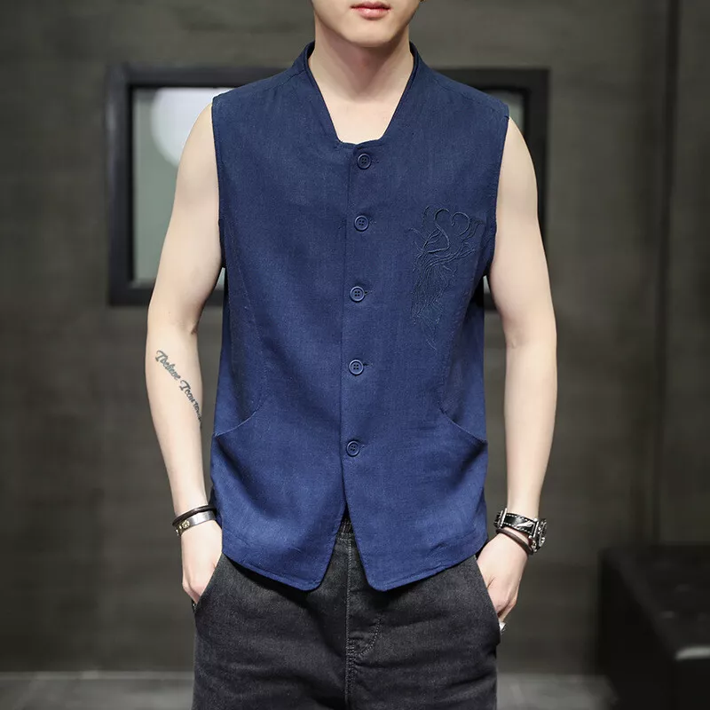 Men Embroidery Vest Sleeveless Jacket T-shirt Coat Cotton Linen Chinese Top Blue