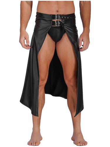 Mens PU Leather Open Front Skirt Gothic Punk Adjustable Buckle Skirts Clubwear - Picture 14 of 30