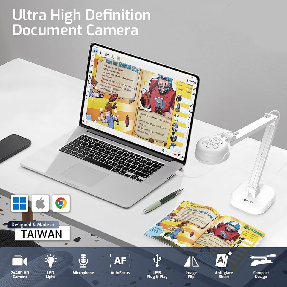 INSWAN INS1 USB Document Camera — 8MP Ultra HD, Auto Focus, LED Light