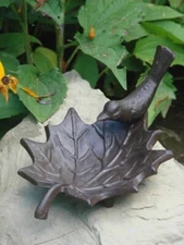 Cast Iron Trinket Dish Perched Bird on Leaf Dish Antique Style 7"