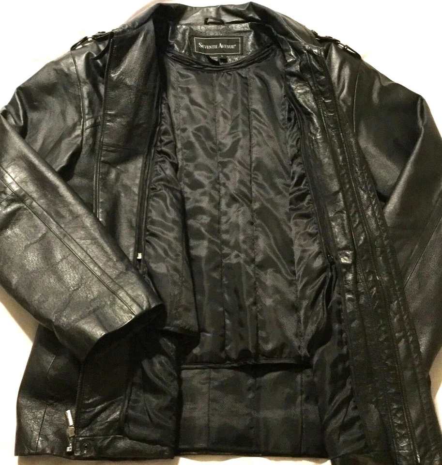 MEN'S SEVENTH AVENUE BLACK LEATHER JACKET Large Business Professional Full Zip   - Image 2 of 4