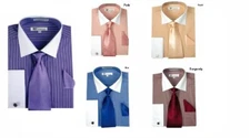 Men's Striped Formal Dress Shirt w/ French Cuff Links,Tie and Hanky #SG17