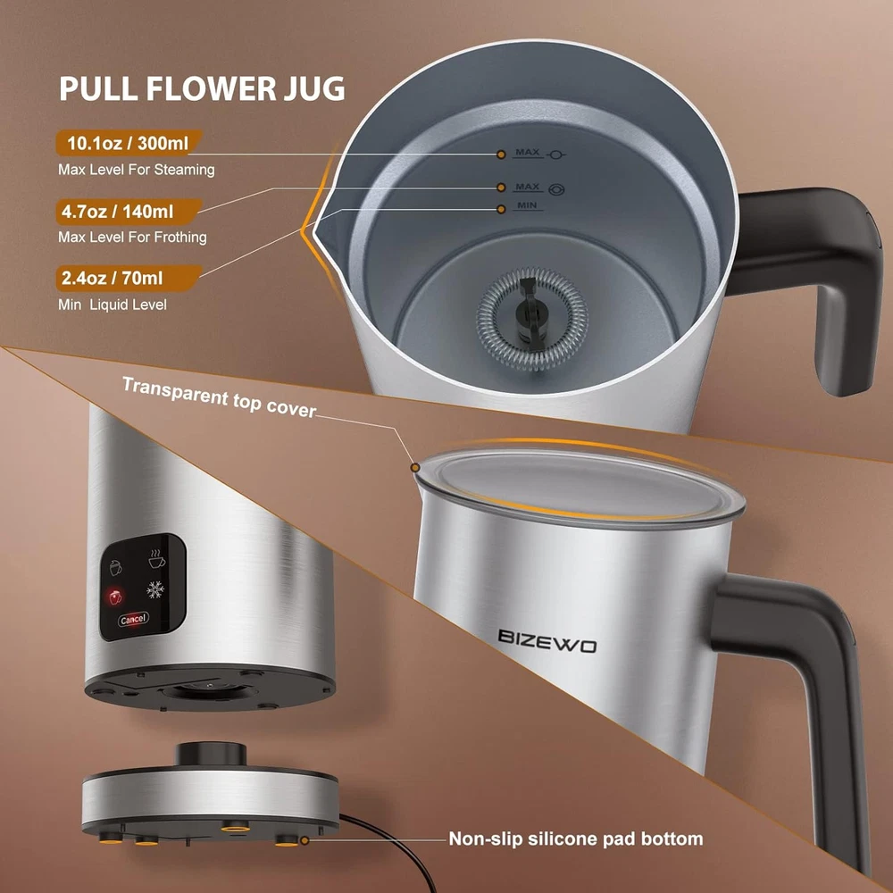 Milk Frother Electric, 4 in 1 Automatic Stainless Steel, Warm & Cold Foamer
